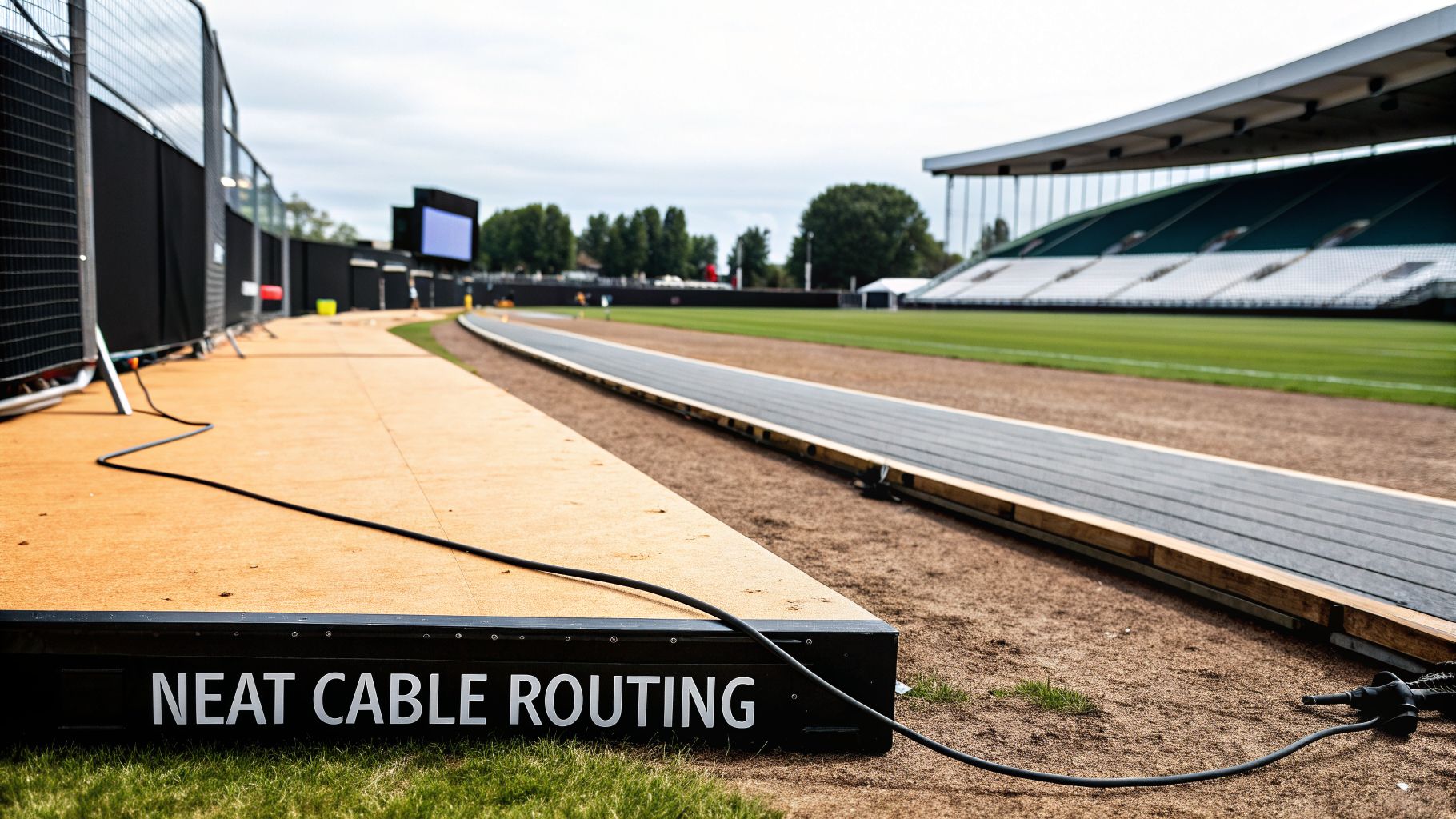 A black box labeled 'NEAT CABLE ROUTING' with a cable on a wooden path beside a stadium.