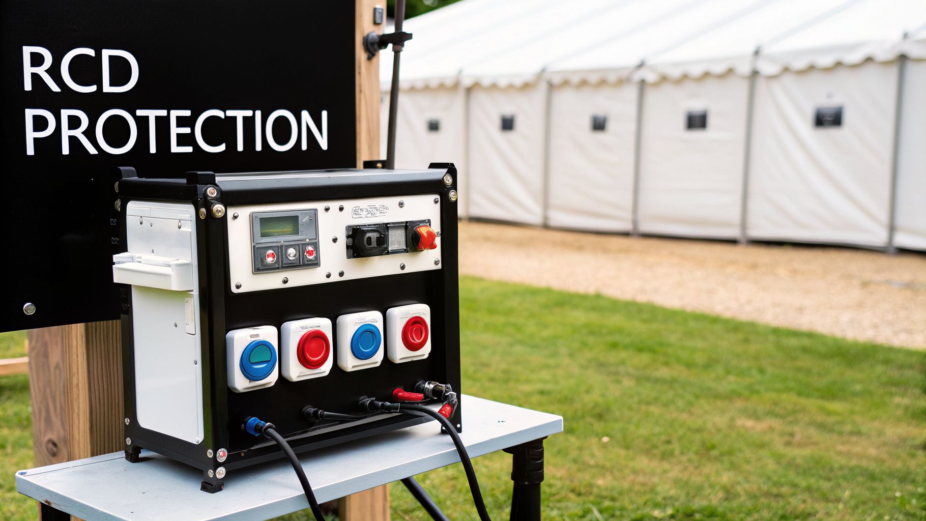 Electrical RCD protection unit on a table outdoors, with a sign and white tents in the background.