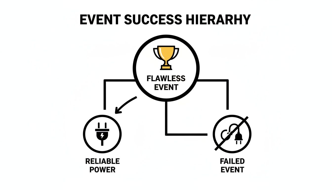 Hierarchy diagram illustrating that a flawless event is achieved with reliable power, preventing failure.