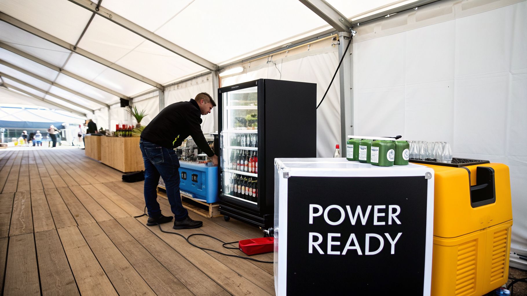 A man restocking a bar fridge filled with various drinks inside a large white tent at an outdoor event.