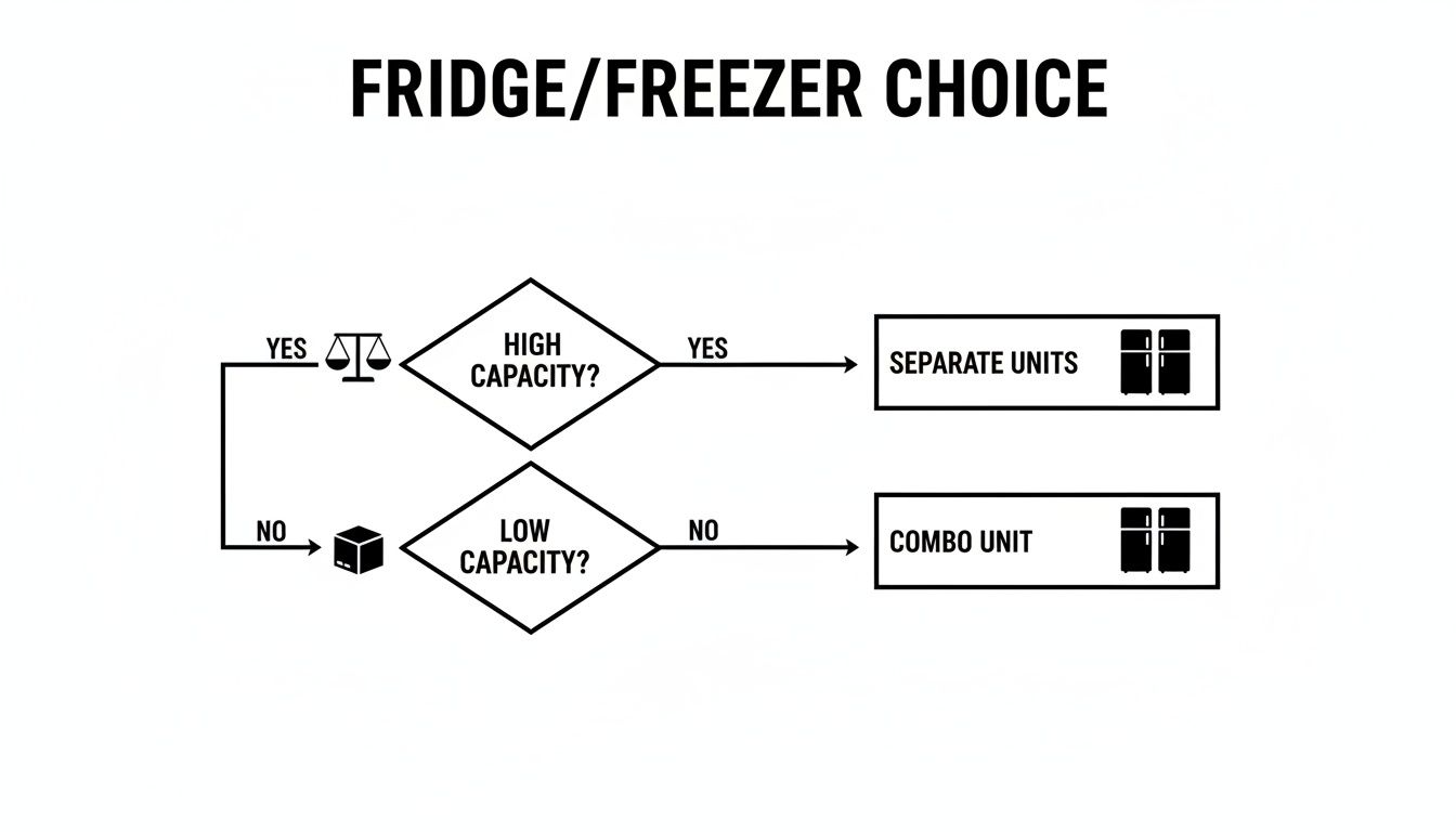 A flowchart guiding fridge and freezer selection, opting for separate units for high capacity or combo for low.