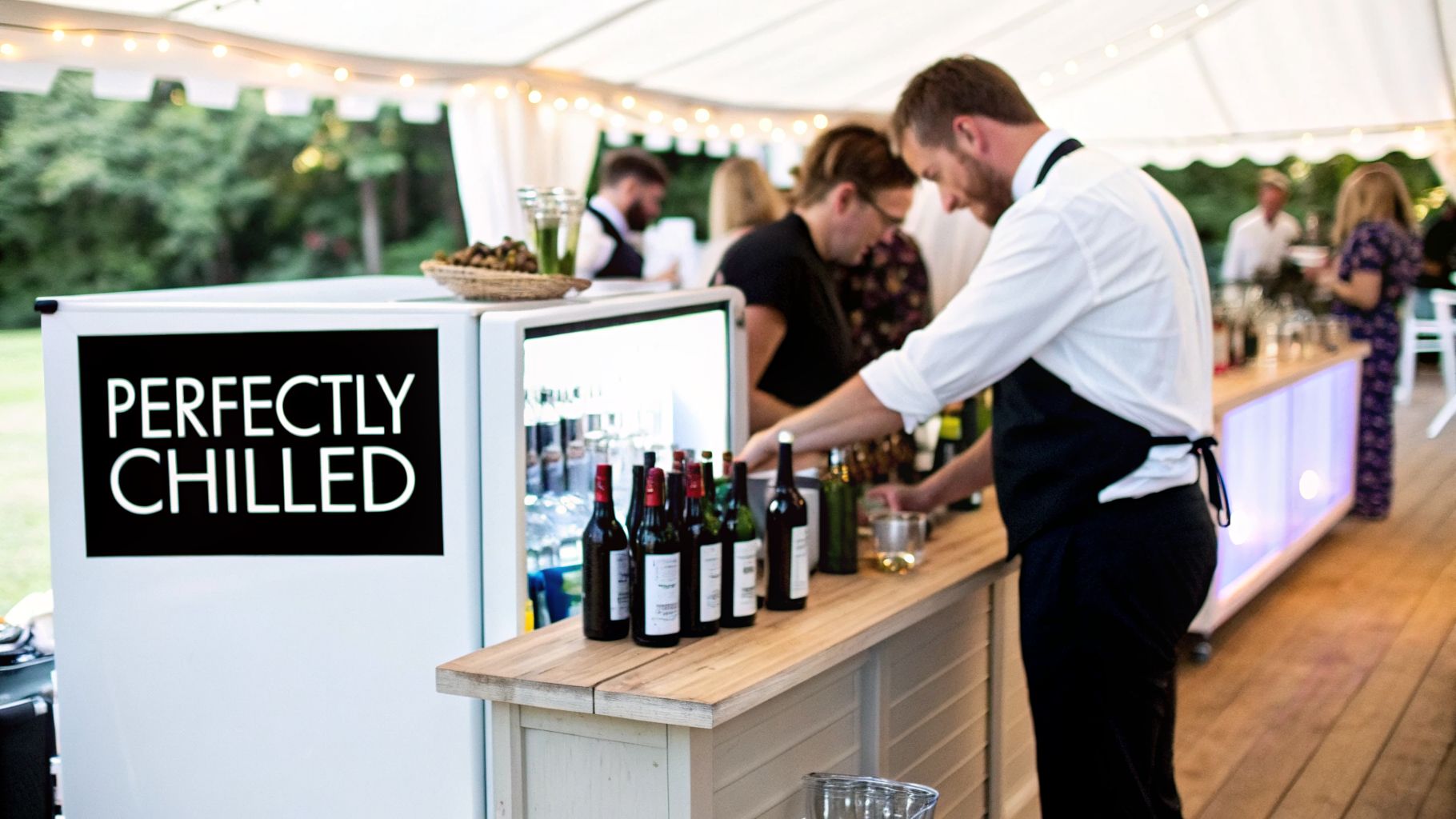 A bartender serves drinks from a well-lit bar counter with a 'Perfectly Chilled' fridge at an outdoor event.