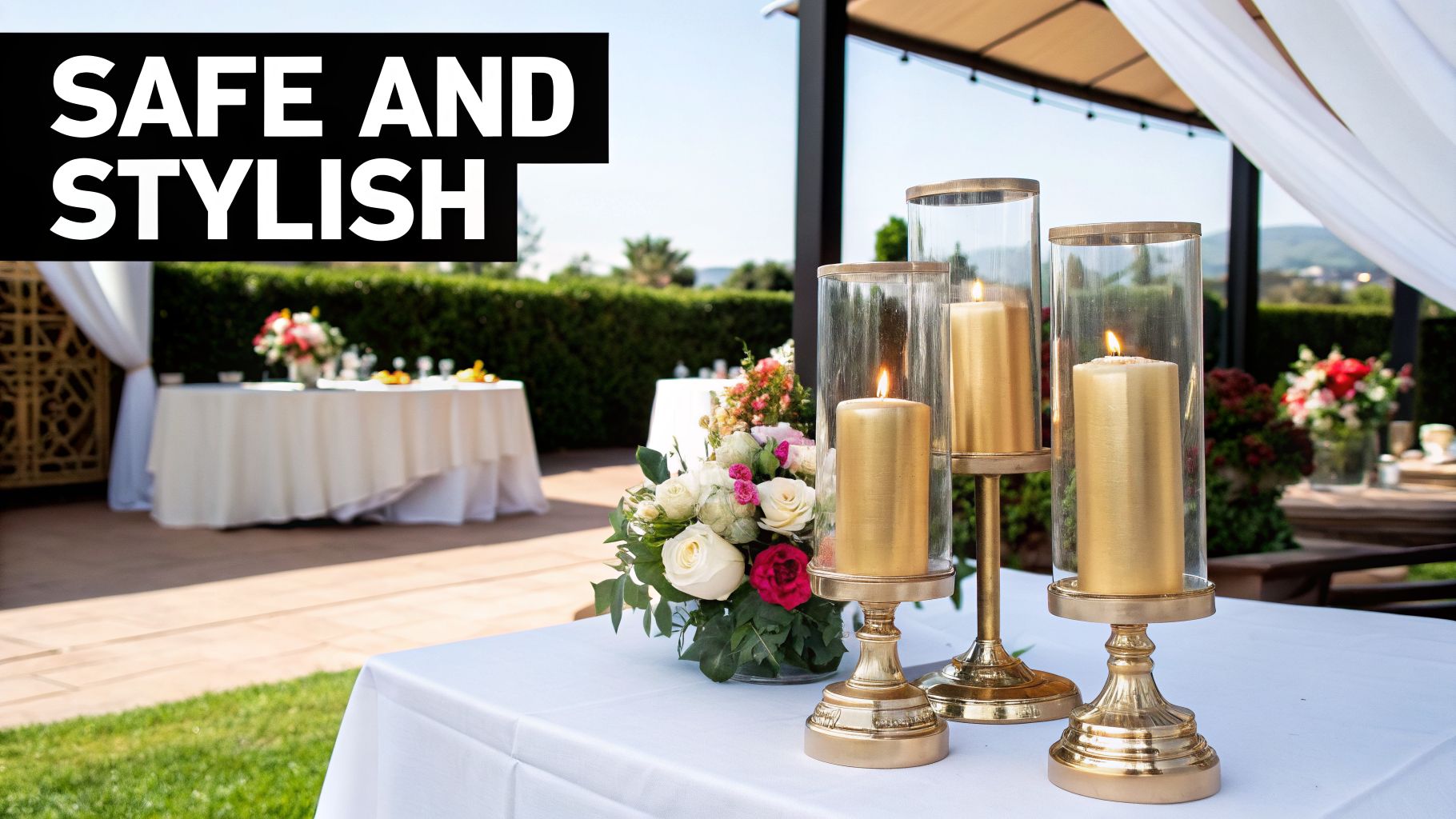 Elegant outdoor event with gold candle holders, floral arrangements, and beautifully set tables under a clear sky.