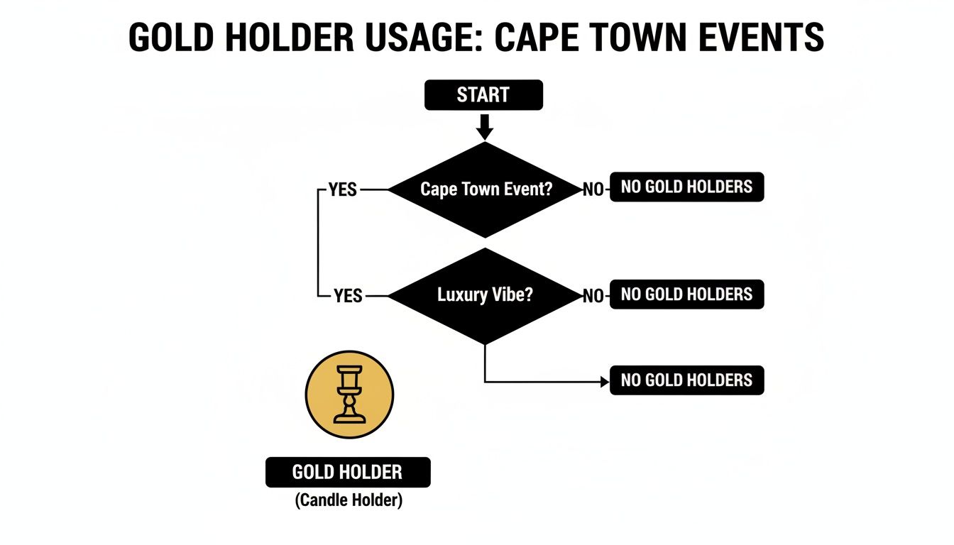 Flowchart detailing the usage of gold holders (candle holders) for Cape Town events with a luxury vibe.