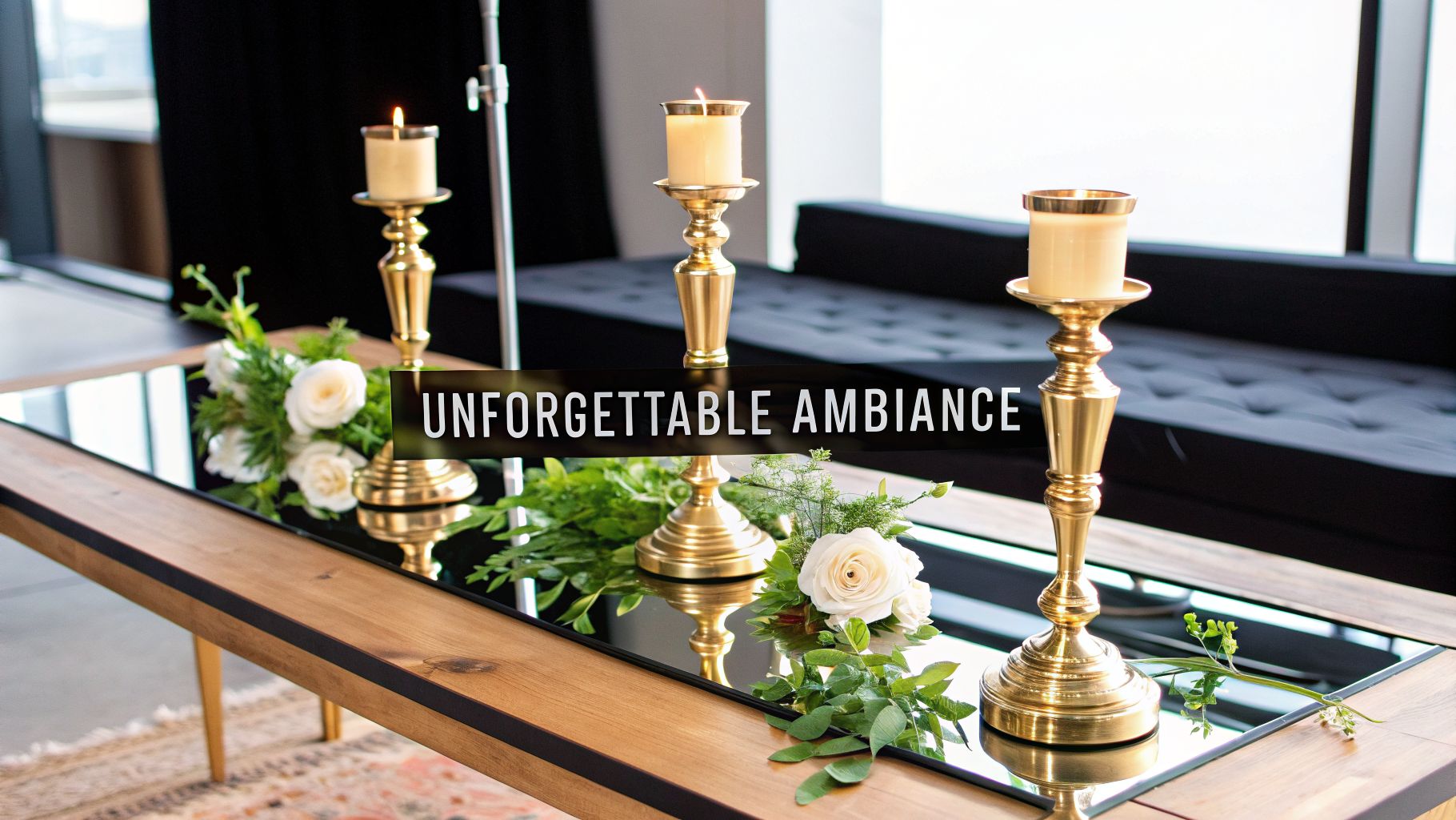 Elegant table setting featuring gold candle holders with lit candles, white roses, and green foliage.