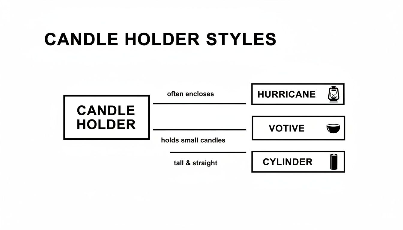 Diagram illustrating Hurricane, Votive, and Cylinder candle holder styles with their descriptions and icons.