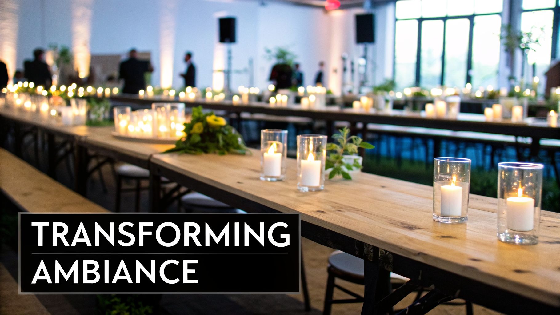 A long wooden table adorned with many glass candle holders, lit candles, and green decor, creating a warm ambiance.