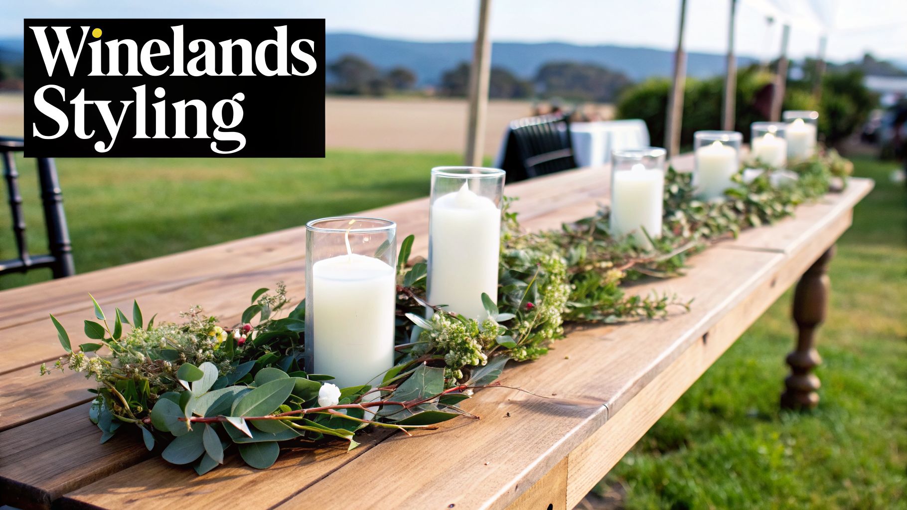 An outdoor wooden table decorated with a green garland and white candles in glass holders.