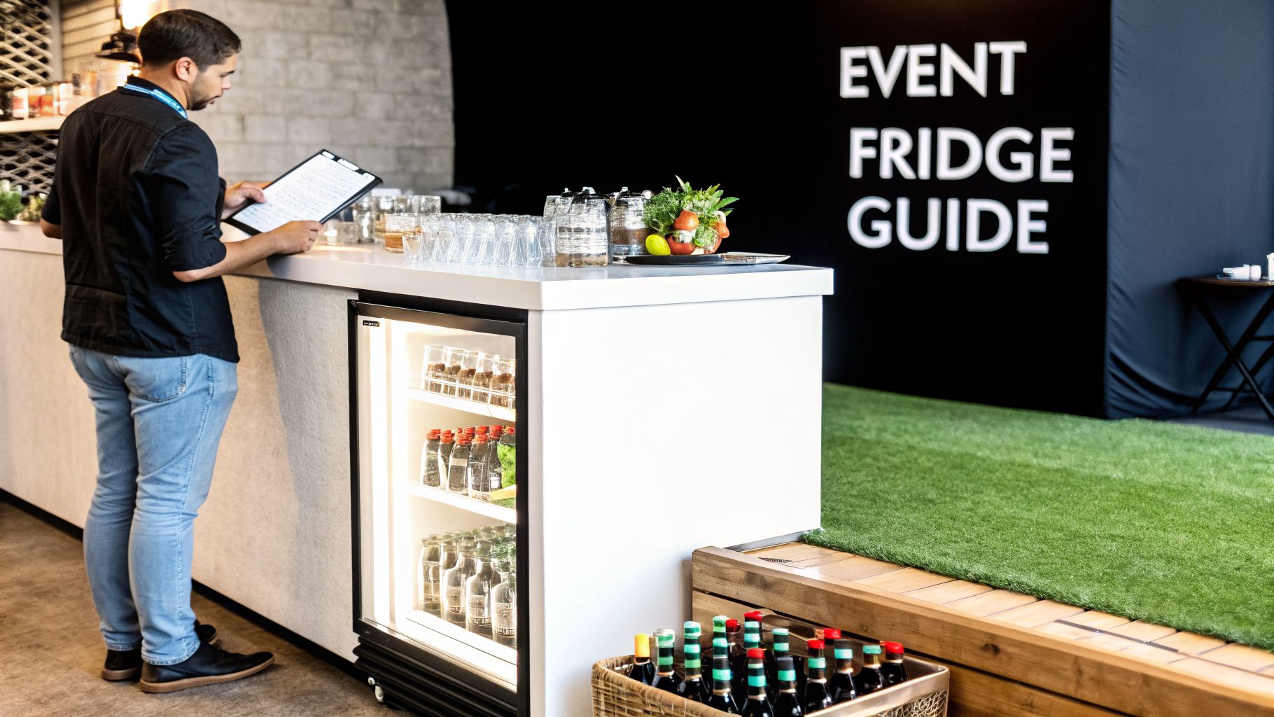An event staff member reviews a clipboard beside a mini-fridge stocked with drinks and garnishes at a modern bar.