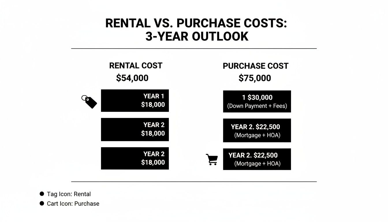 An infographic comparing 3-year rental costs ($54,000) to purchase costs ($75,000) for a home.