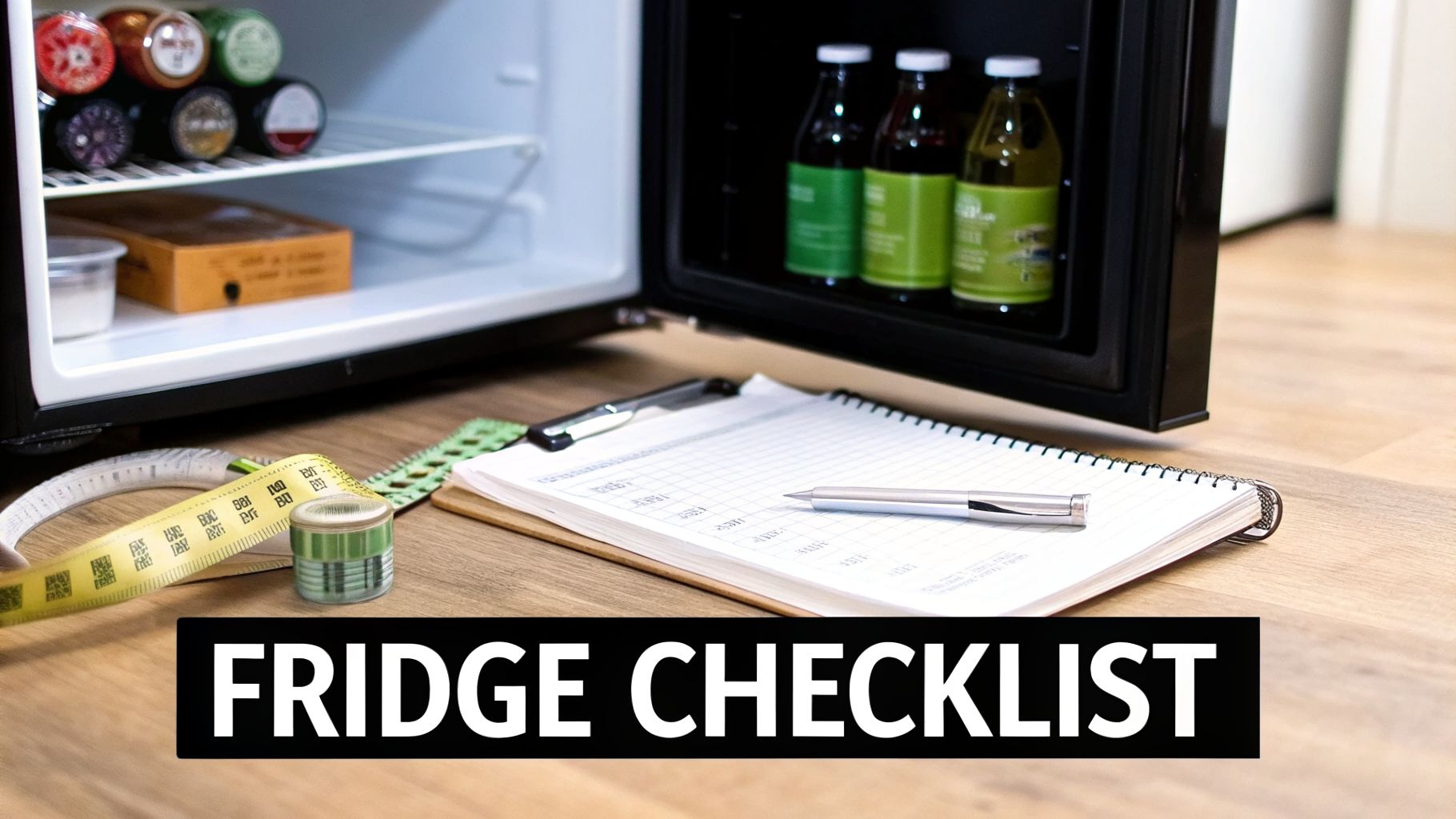 Open mini-fridge with beverages, snacks, a notebook, and pen on a wooden floor, titled 'FRIDGE CHECKLIST'.