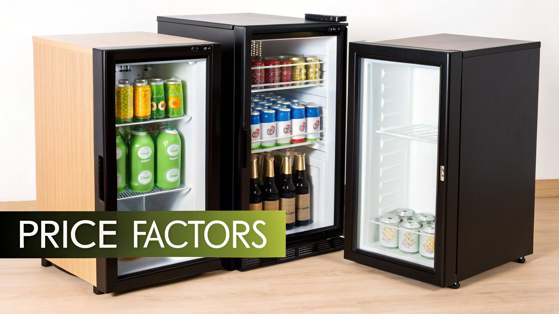 Three compact mini-bar refrigerators with glass doors, displaying various beverages and snacks, highlighting price factors.