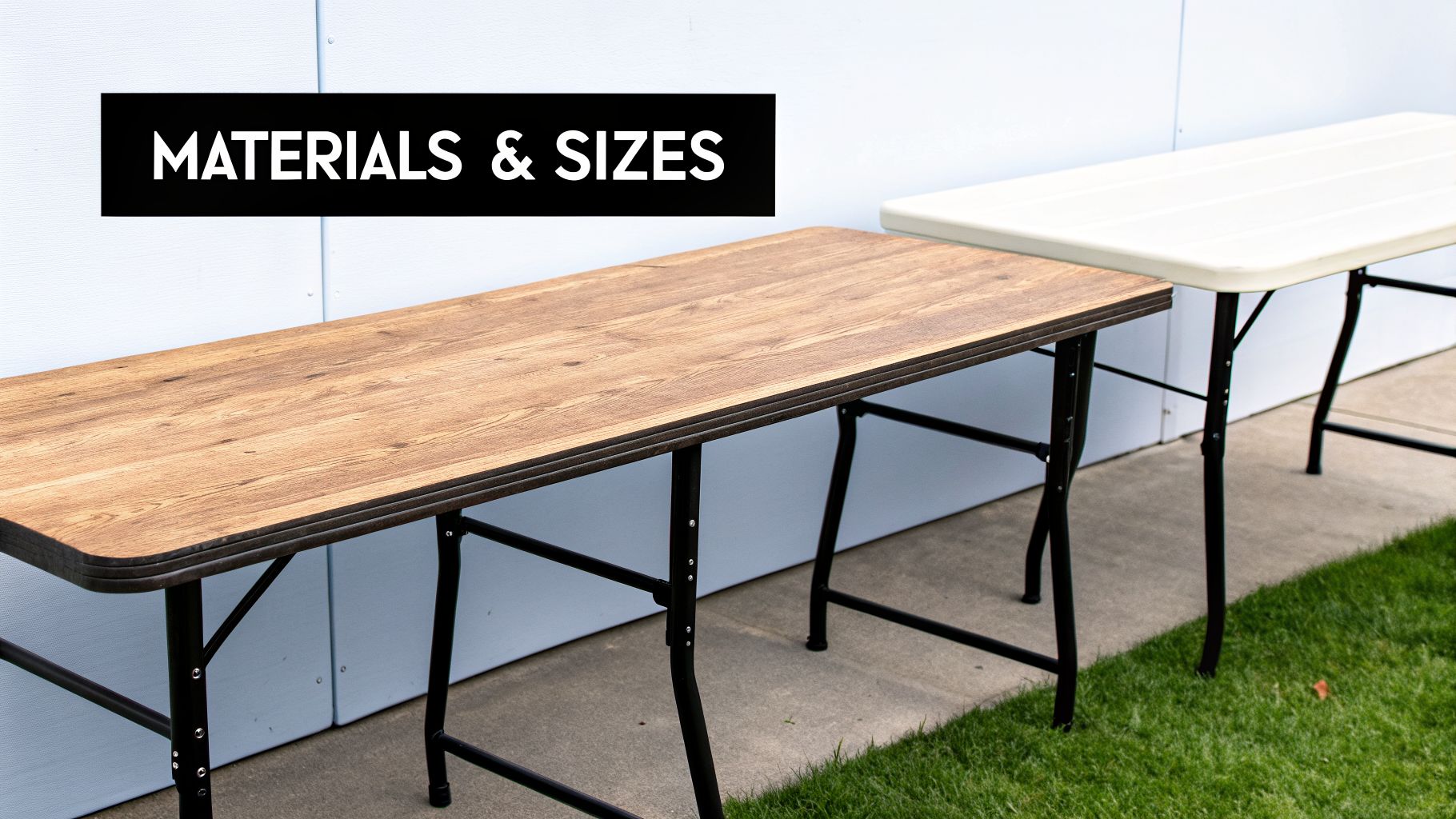 Two versatile folding tables, one with a wood-grain top and another white, against a light background.