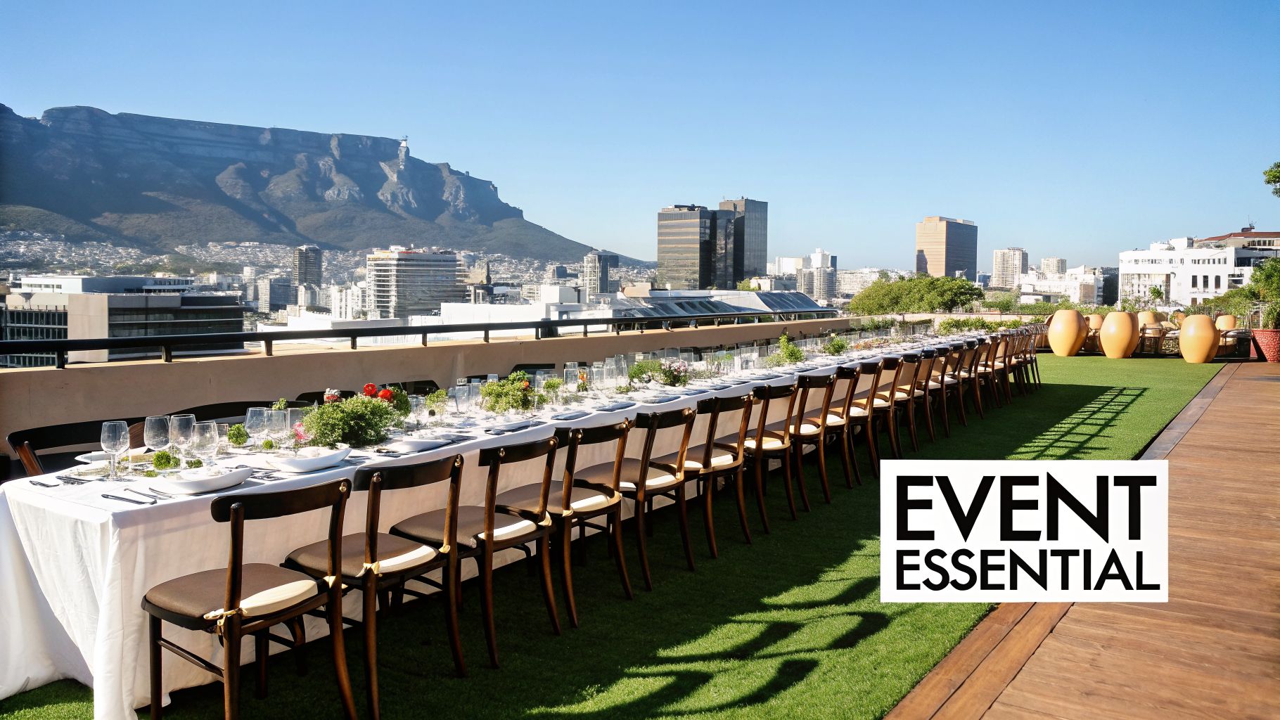 Long outdoor dining table set on a rooftop with cityscape, Table Mountain, and blue sky.