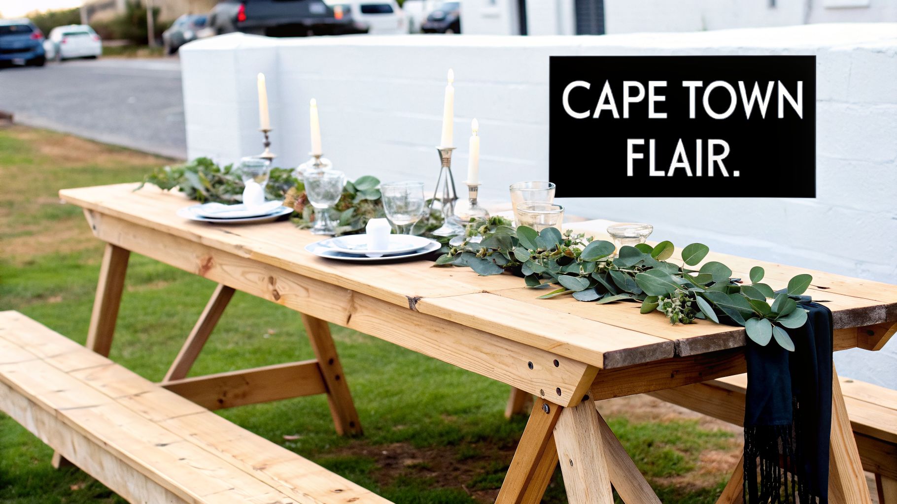 A beautiful wooden trestle table adorned with a eucalyptus garland, candles, and dinnerware.