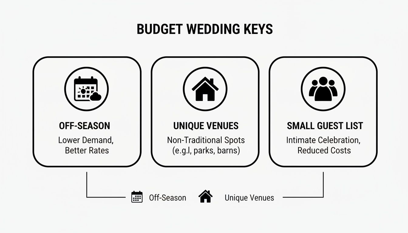 Visual guide outlining three key factors for budget weddings: off-season, unique venues, and a small guest list.