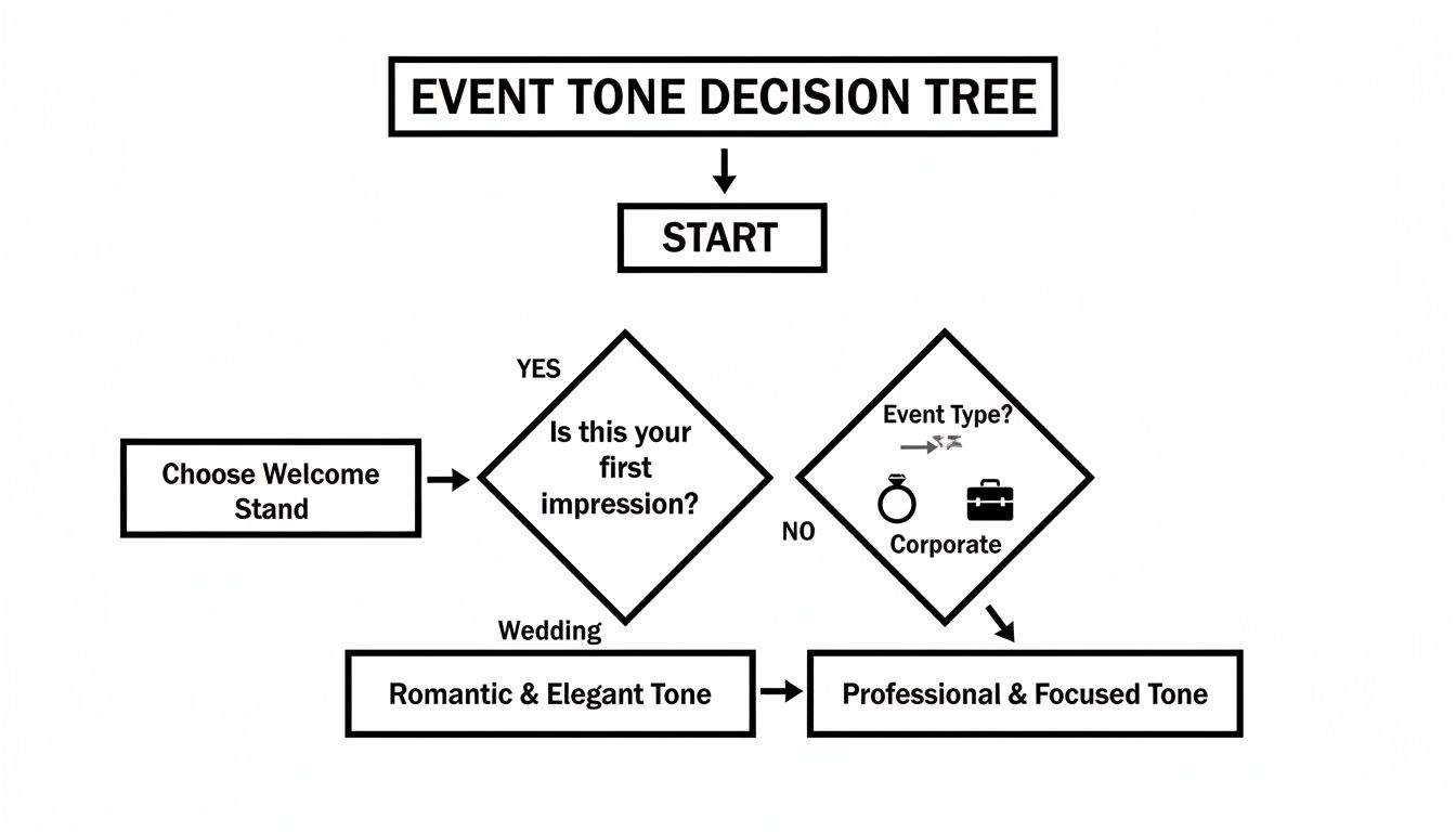 A flowchart event tone decision tree, guiding choices for welcome stand, wedding, or corporate events.
