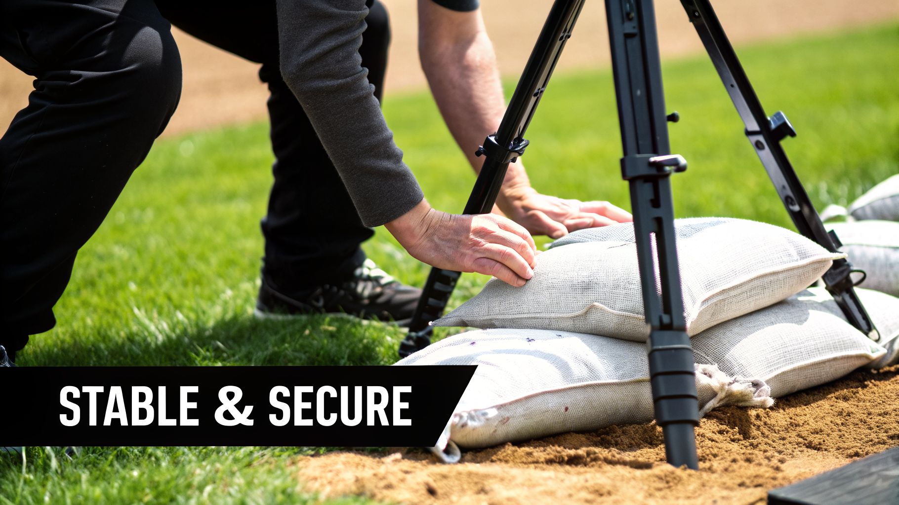 A person carefully places sandbags around the legs of a black tripod for enhanced stability on grass and dirt.