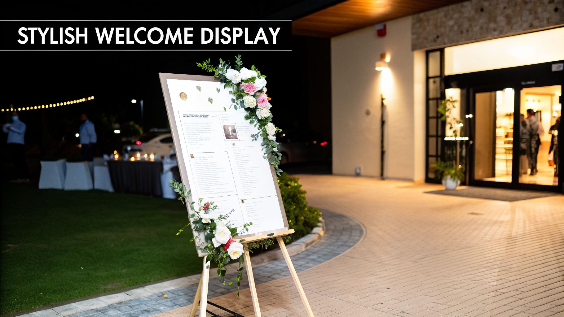 A stylish welcome display board on an easel, decorated with flowers, at an outdoor evening event.