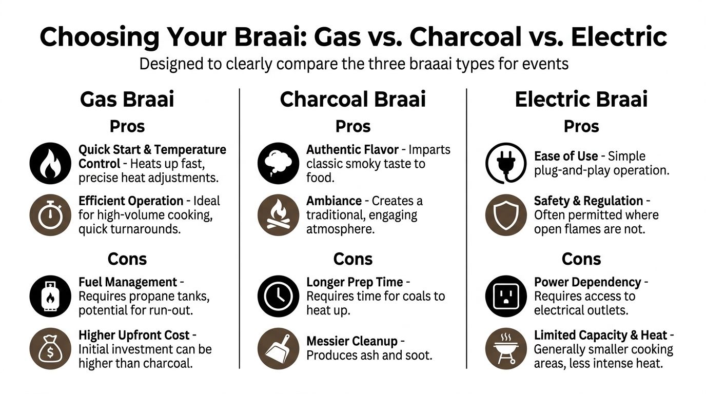 A comparison chart outlining the pros and cons of gas, charcoal, and electric braais for event cooking.