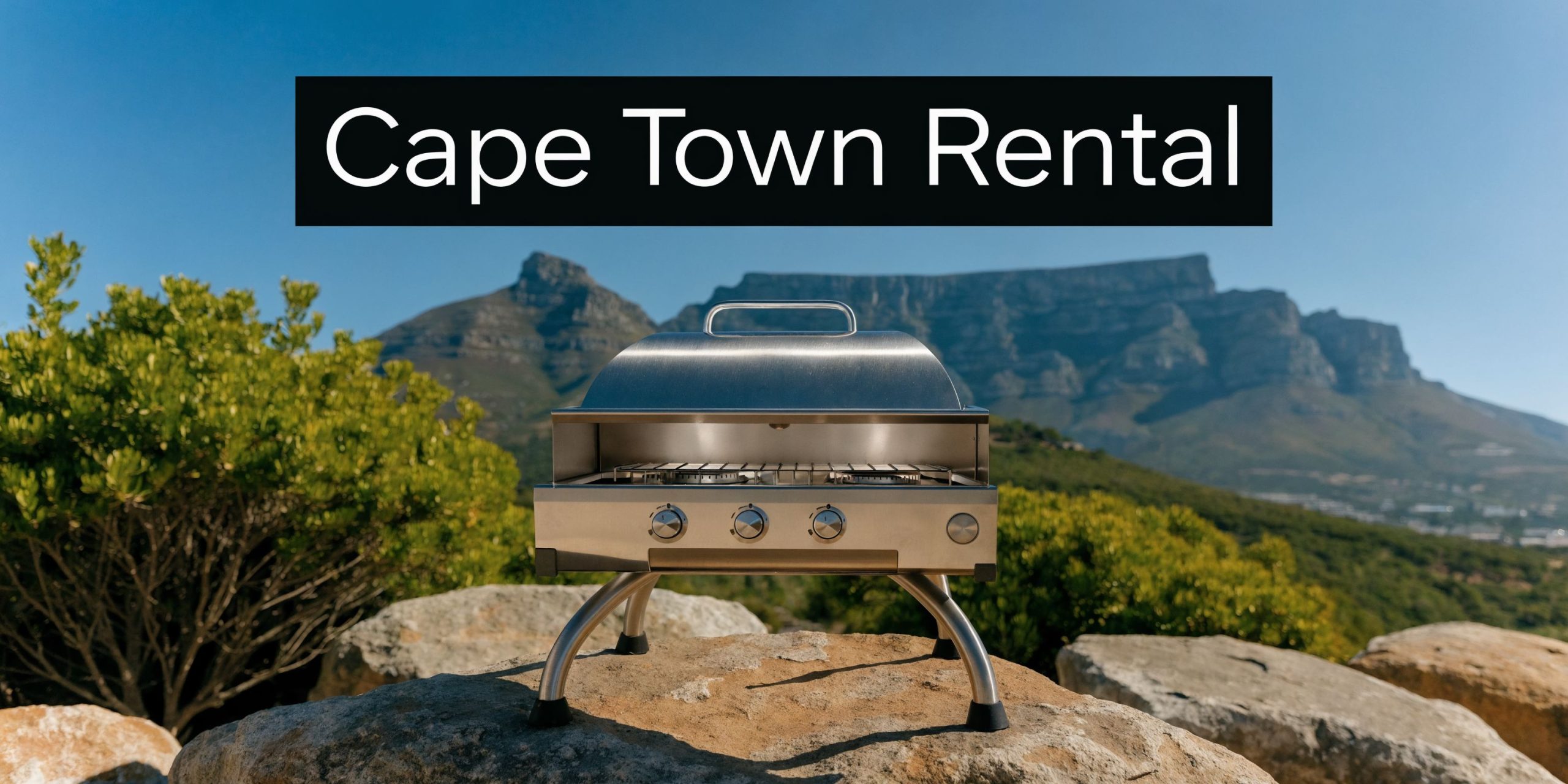 A stainless steel three burner gas braai grill sitting on a large rock overlooking Table Mountain.