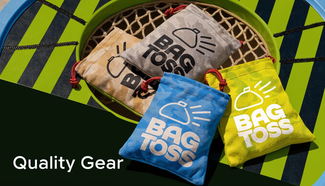 Three colorful bean bags with the Bag Toss logo resting on a circular green and black target board.