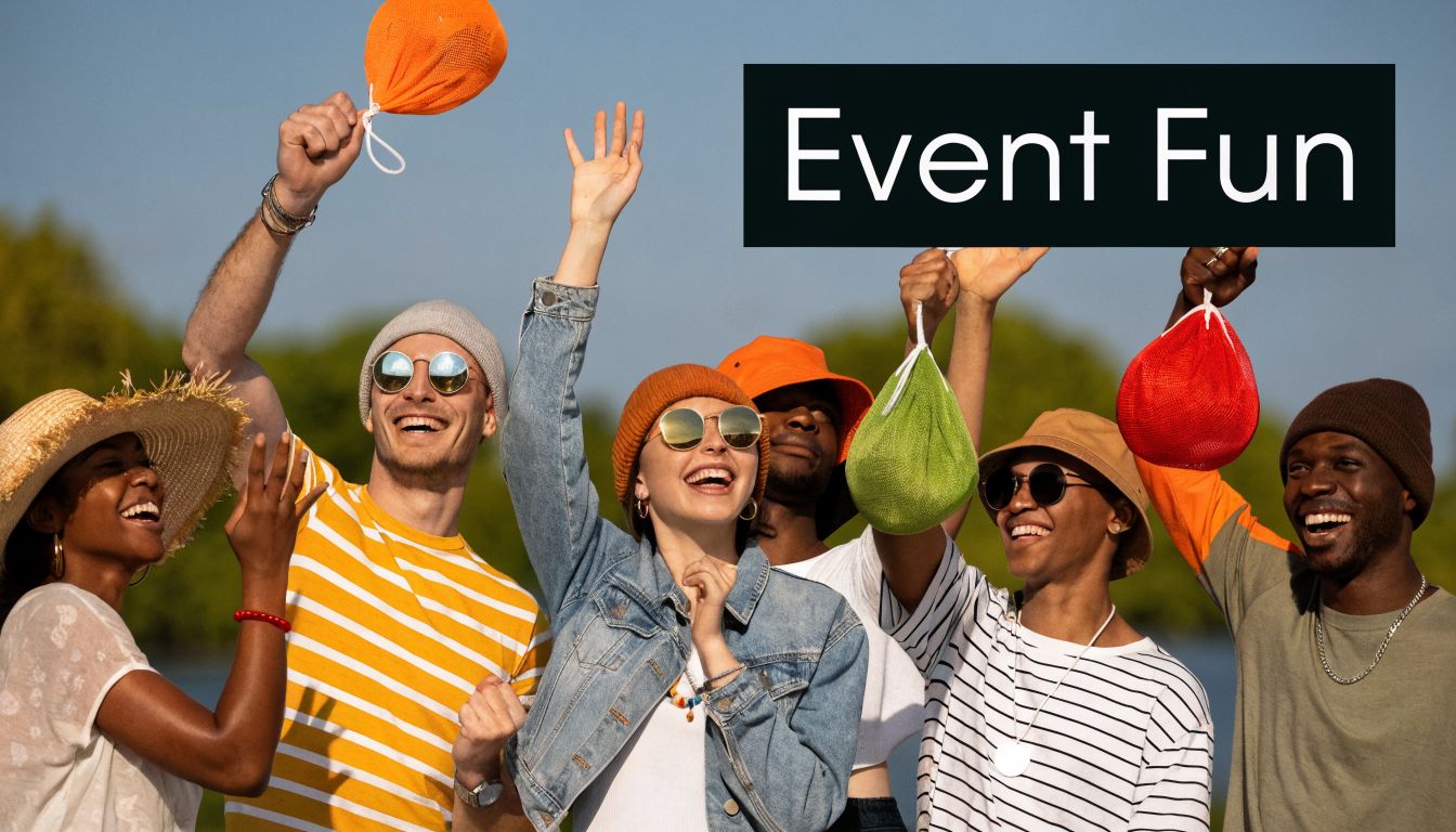 A diverse group of friends smiling and laughing while playing a casual outdoor bag toss game.