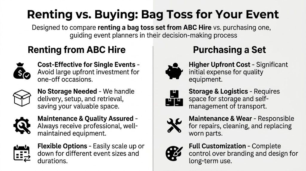 A comparison chart outlining the pros and cons of renting versus purchasing a bag toss game set.