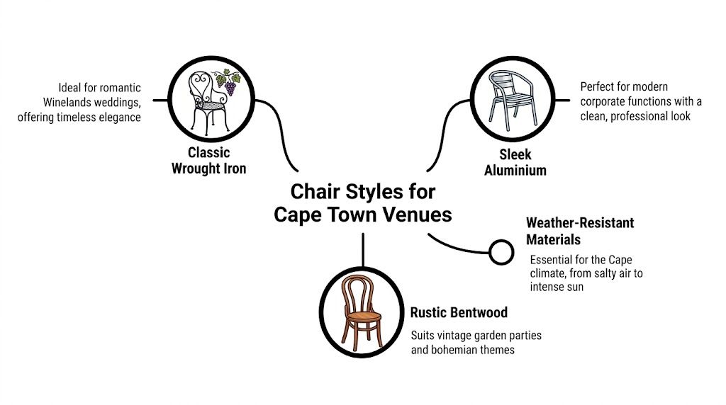An infographic showing three styles of chairs suitable for outdoor venues in Cape Town, South Africa.