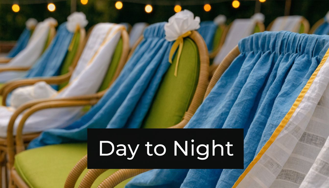 A row of outdoor bistro chairs adorned with blue and white fabric draped over green cushions.