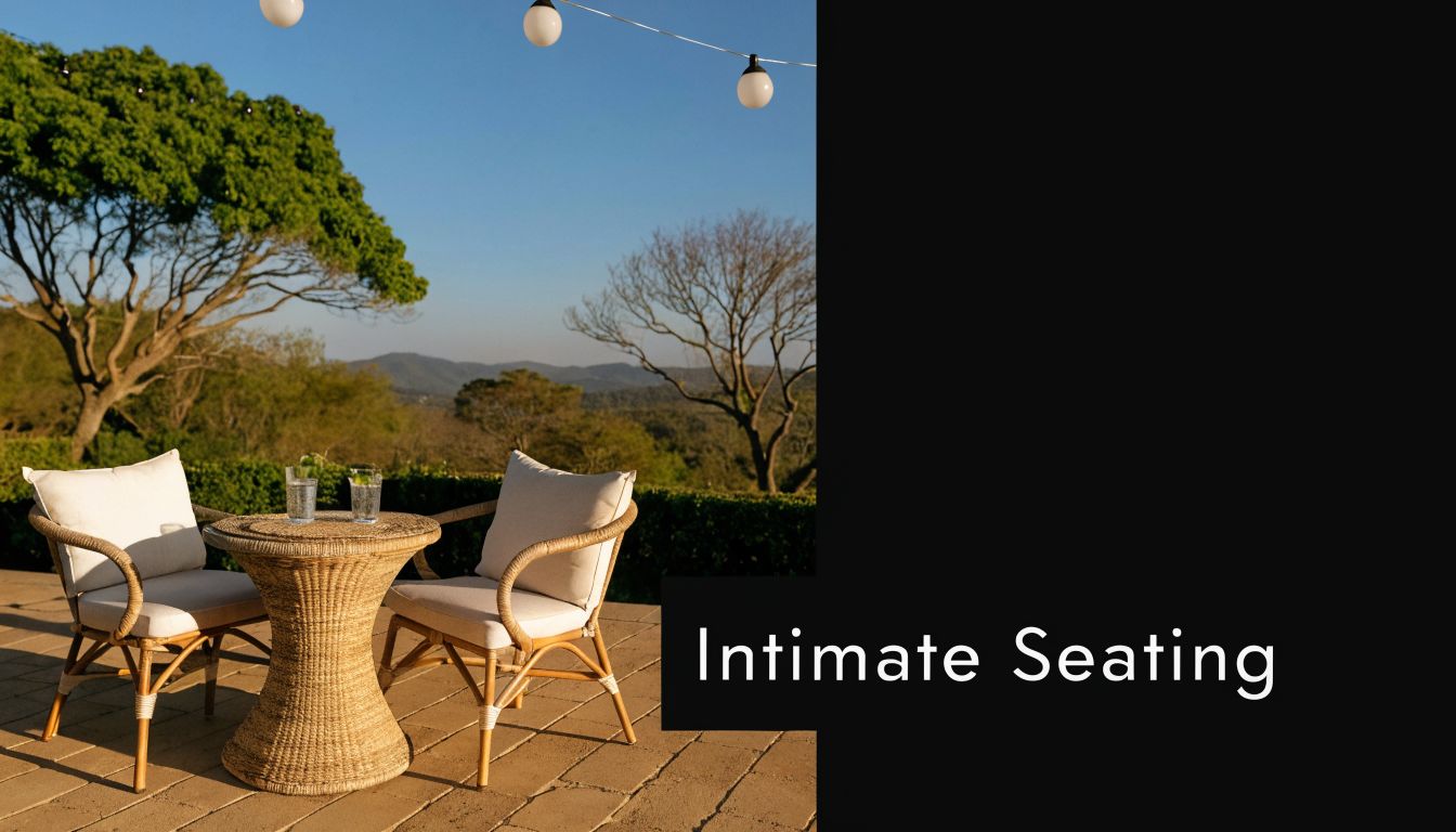 A scenic patio with a wicker bistro table and two chairs overlooking a beautiful mountainous landscape.