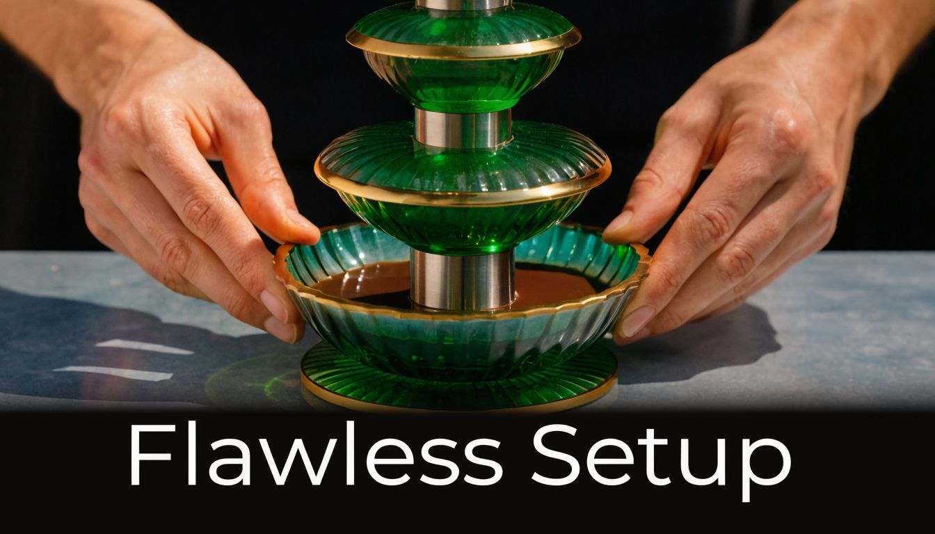 A person carefully assembling a three-tier green and gold decorative chocolate fountain machine on a tabletop.