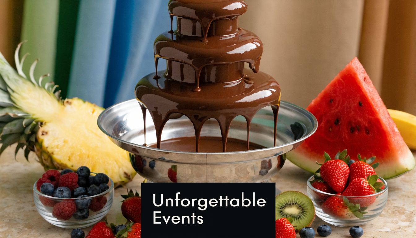 A luxurious chocolate fountain surrounded by various fresh fruits including watermelon, pineapple, strawberries, and blueberries.