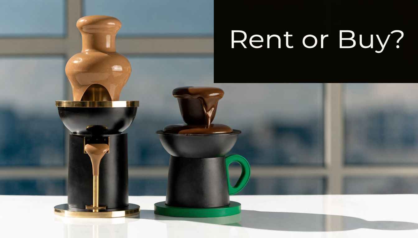 A large and a small chocolate fountain machine side by side with the text Rent or Buy