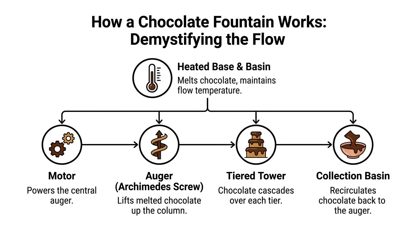 A diagram explaining how a chocolate fountain works through motor, auger, tiered tower, and collection basin components.