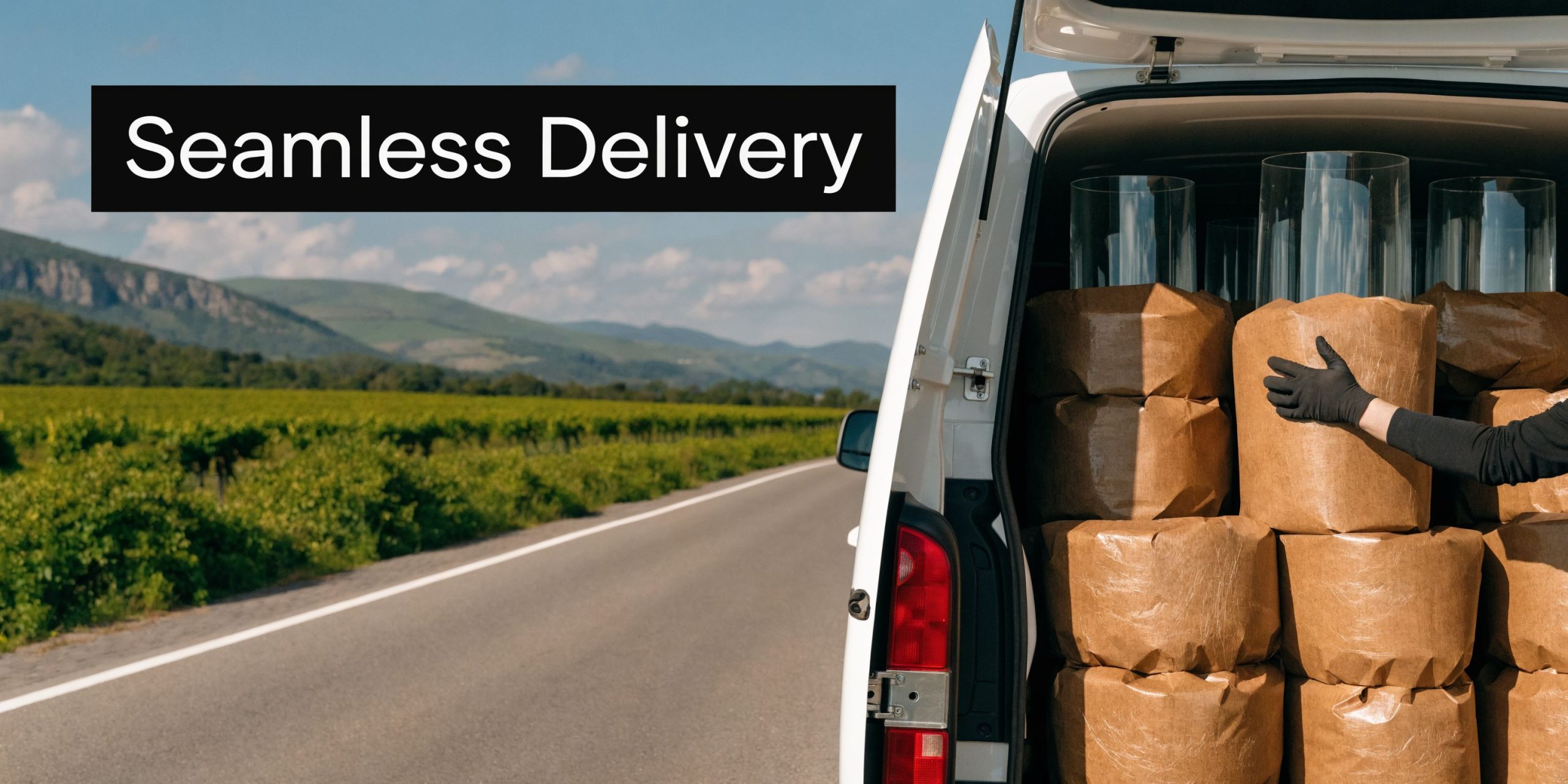 A gloved hand loading brown paper-wrapped cylinder glass vases into the back of a delivery van.