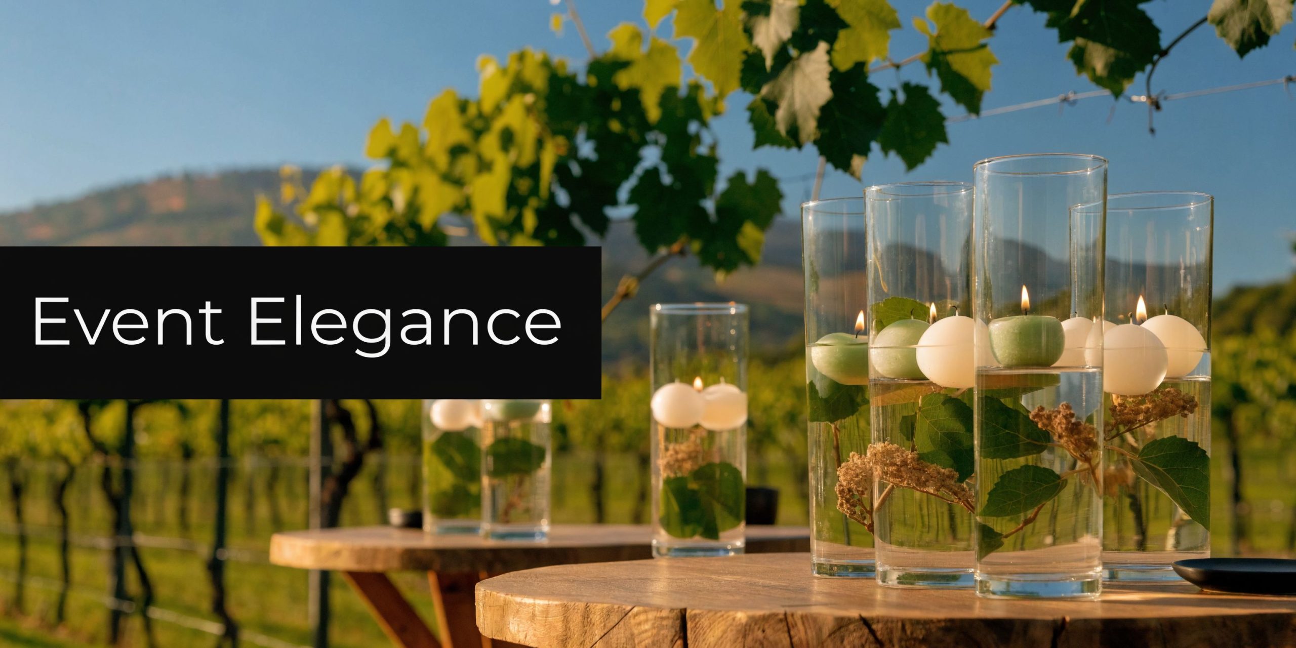 Lit floating candles in tall cylinder glass vases on rustic wooden tables amidst a lush vineyard.