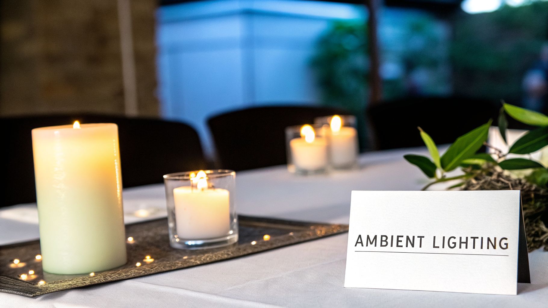 A table decorated with various lit candles and a sign displaying 'AMBIENT LIGHTING'.