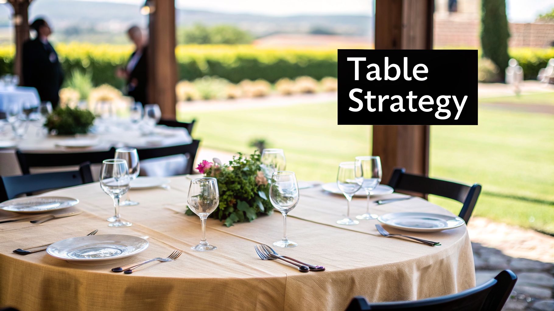 An elegantly set outdoor dining table with plates, wine glasses, and a beautiful floral centerpiece.