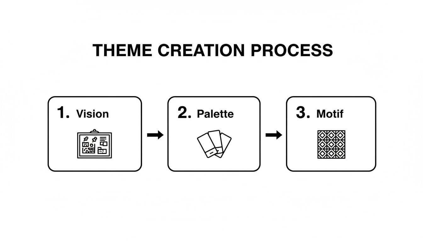 A visual diagram illustrating the three steps of the theme creation process: Vision, Palette, and Motif.