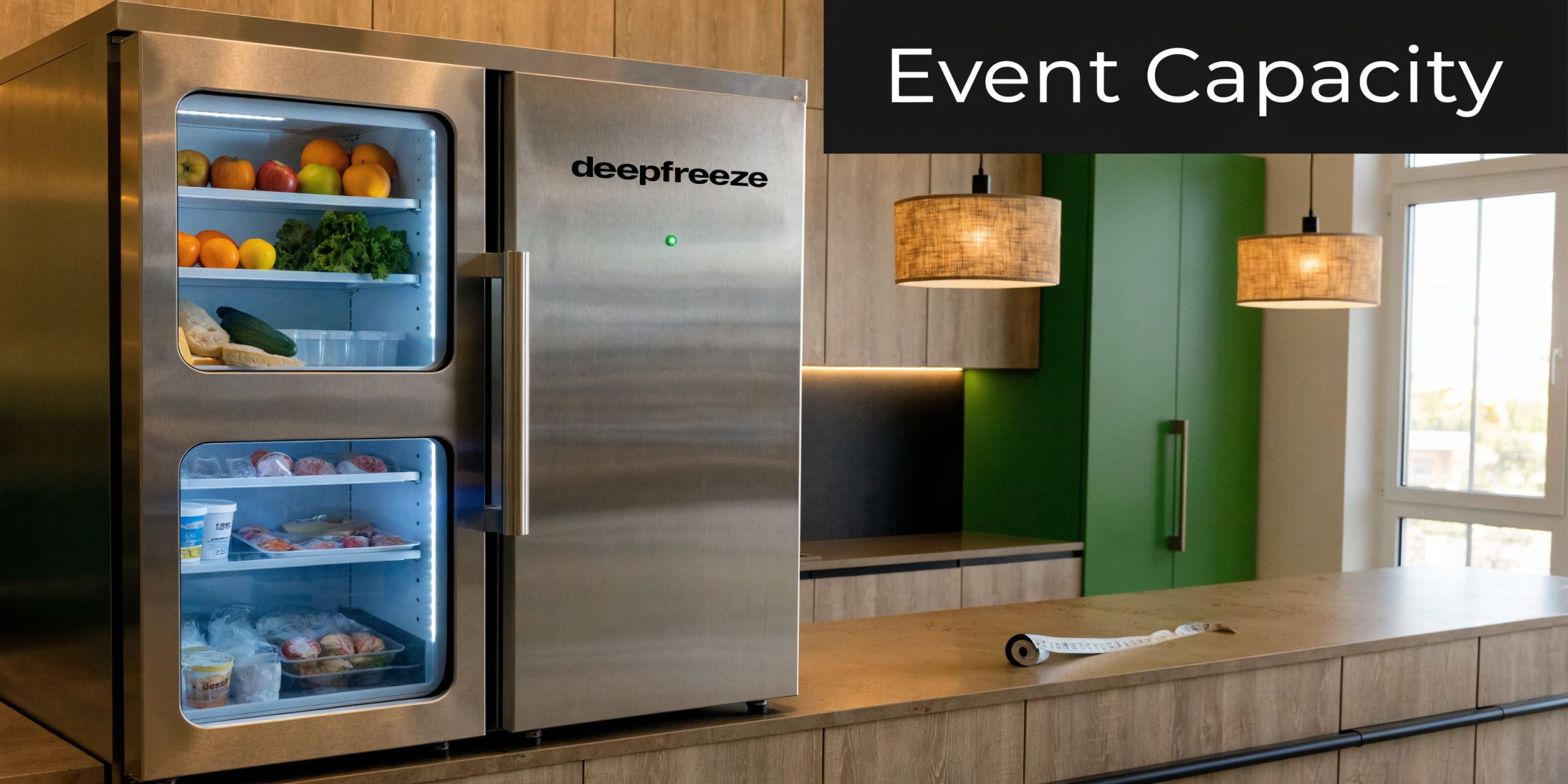 A stainless steel Deepfreeze appliance with glass-door compartments displaying food items in a modern, well-lit kitchen setting.