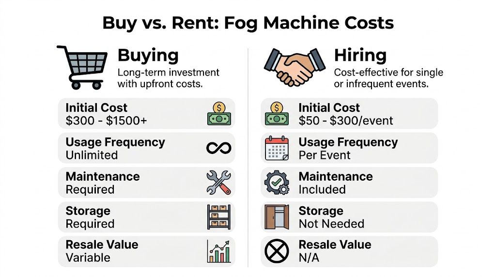 A comparison chart showing the pros and cons of buying versus renting a fog machine for events.