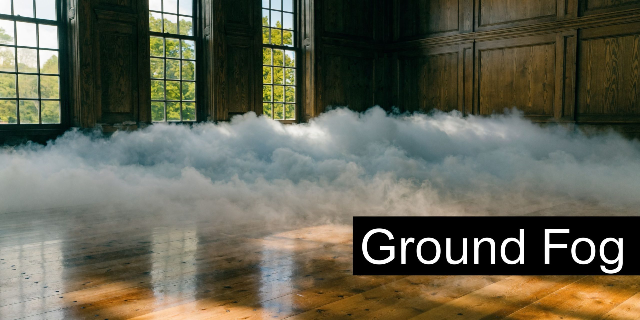 A thick layer of low-lying ground fog rolls across a shiny wooden floor in a historic room.