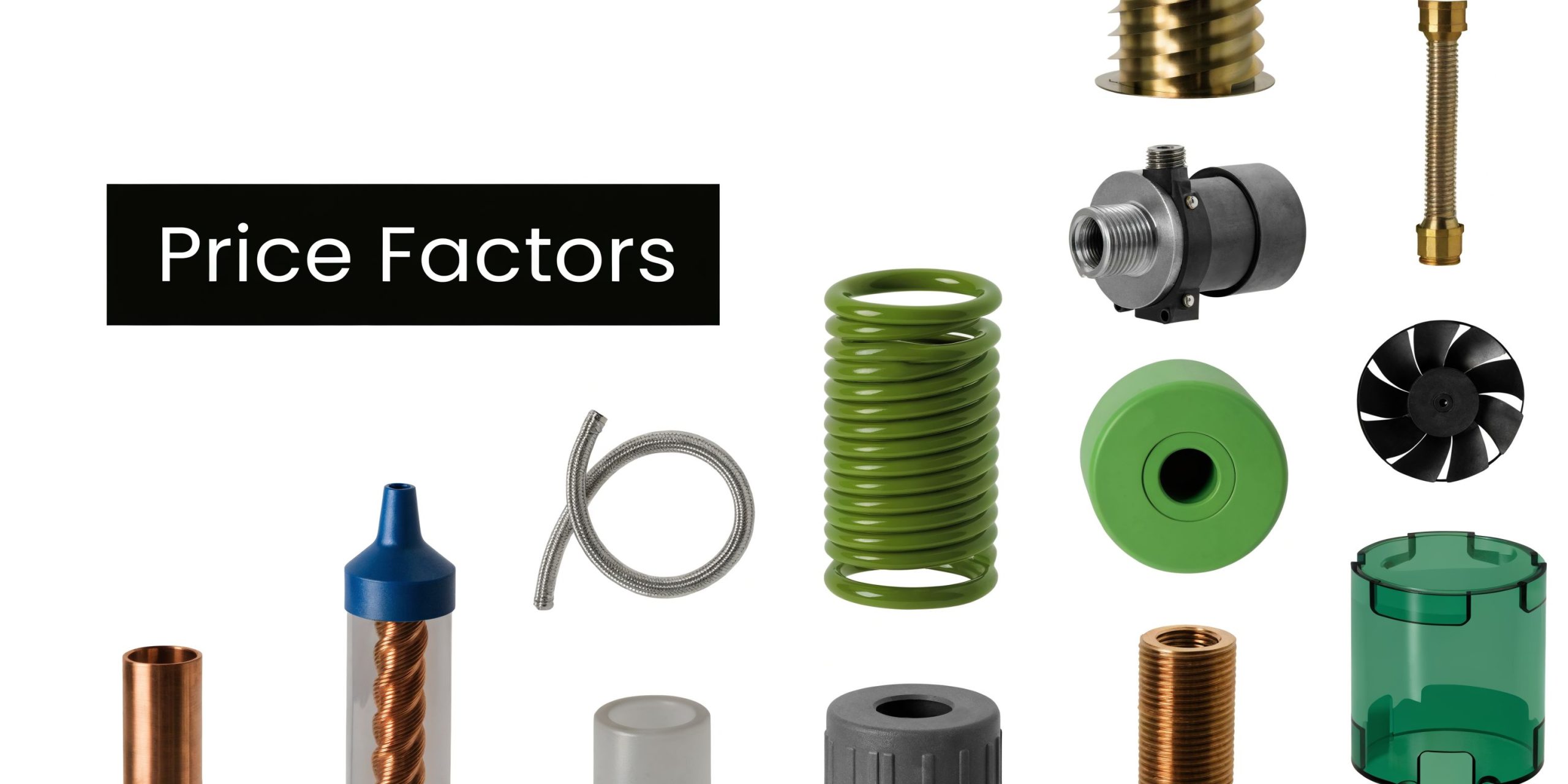 A collection of various mechanical components and industrial machine parts arranged against a plain white background.