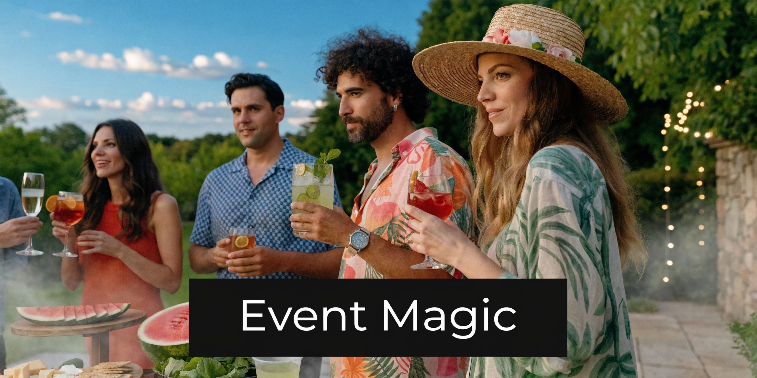 A group of diverse friends celebrating at an outdoor summer party while enjoying drinks and fresh watermelon.