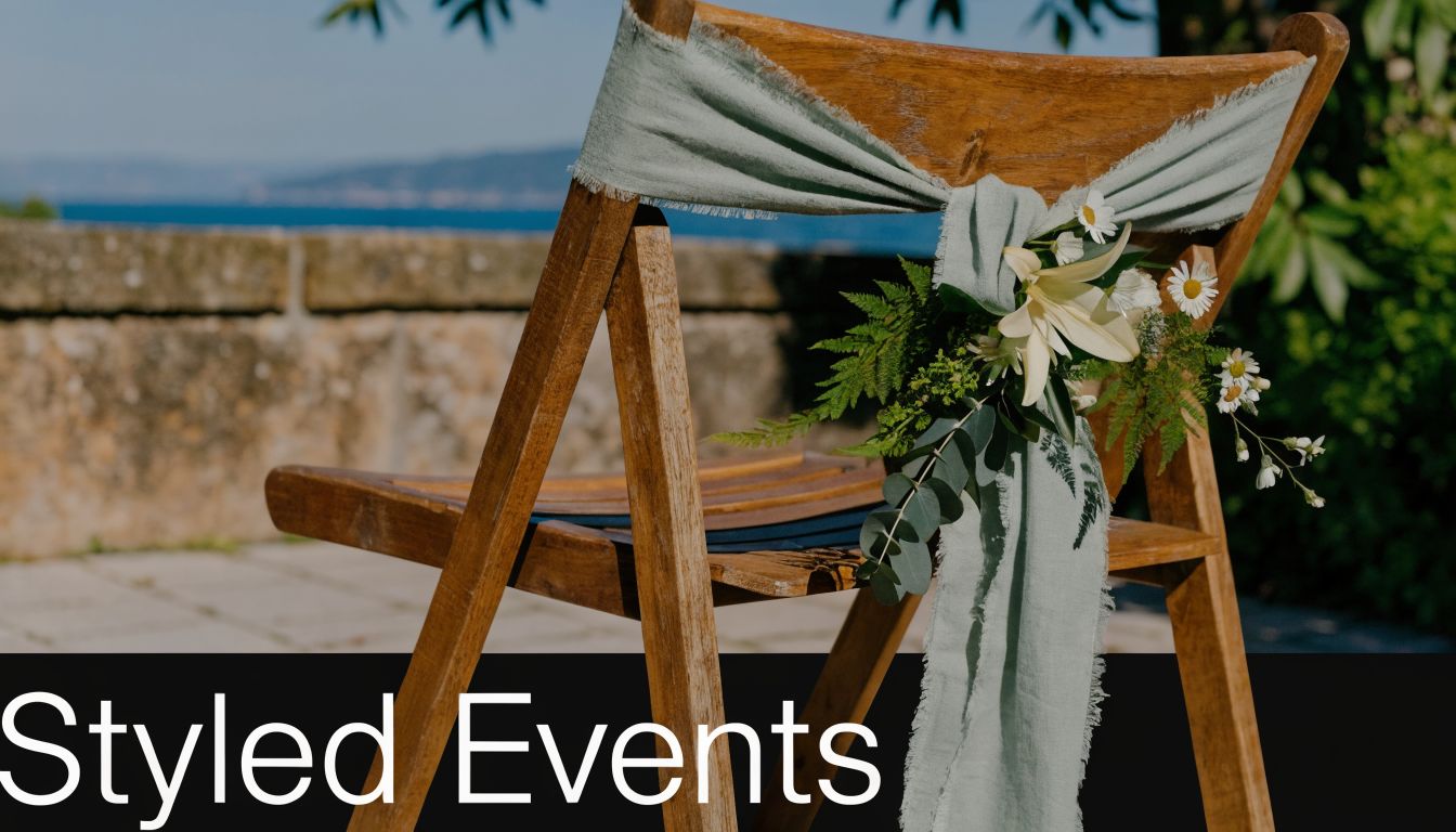 A rustic wooden folding chair decorated with a soft sage green fabric sash and floral bouquet.