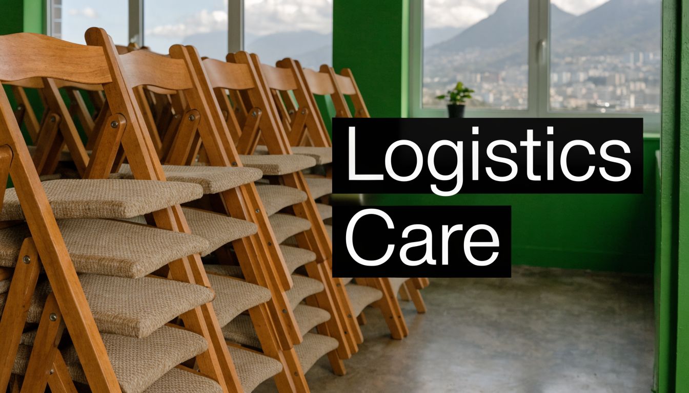 A row of wooden folding chairs with light beige fabric seats stacked neatly in a room.