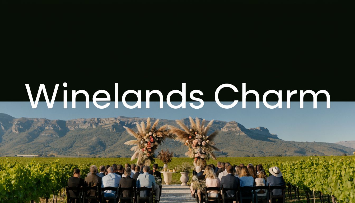 Guests seated on folding wooden chairs at an outdoor wedding ceremony in a scenic vineyard landscape.