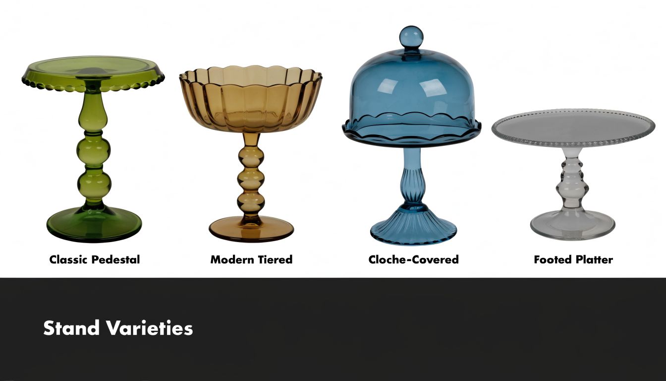 A display of four different colored glass cake stands titled Classic Pedestal, Modern Tiered, Cloche-Covered, and Footed Platter.