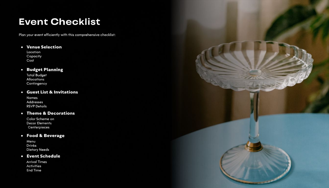A sophisticated glass cake stand sits on a blue table, beside an event planning checklist.